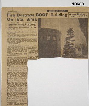 Newspaper report on the destruction of the BCOF Building by fire.