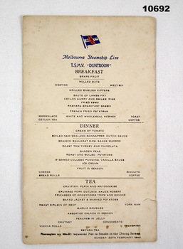 Menu listing Breakfast, Dinner, and Tea offerings on TSMV Duntroon.