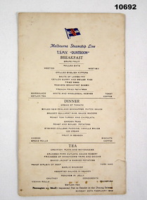 Menu listing Breakfast, Dinner, and Tea offerings on TSMV Duntroon.