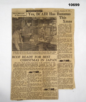 Newspaper articles relating to Christmas celebrations during BCOF, December 1947.