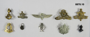 Various military badges different types.