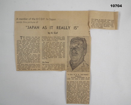 Newspaper article outlining conditions in BCOF Japan from the soldiers perspective.