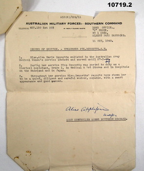 Record of service for Alva Marie Bennetts.