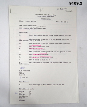 Army Survey Regt. Minute. Map Printing Report 1990 - 1991