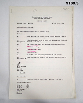 Army Survey Regt. Minute. Map Printing Report 1990 - 1991