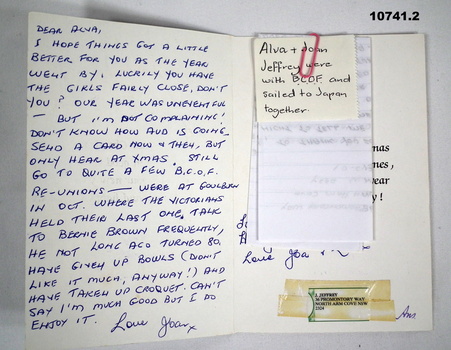 Christmas card and letter relating to Alva Bennetts.