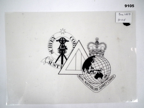 A4 size clear film with the three RA Svy Corps badges superimposed.