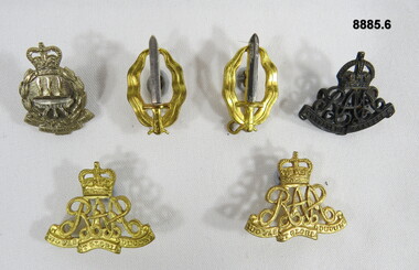 Various military badges different types.