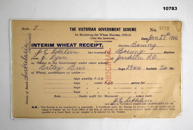 Wheat receipt issued under War conditions for sale of wheat 1916.