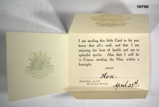 Inside of printed card from WW1.