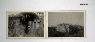 Two black and white photographs featuring a dug-out and a pill box.