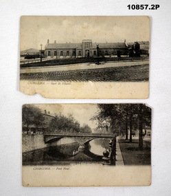 Two photographic postcards of a building and a bridge in Charleroi, Belgium.