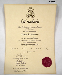 Certificate of Life Membership of the RSL, Ernie Jackmam.