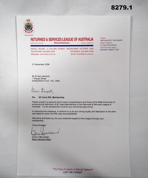 Letter acknowledging 60 years membership of the RSL.