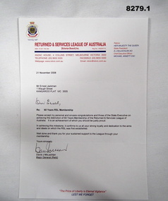 Letter acknowledging 60 years membership of the RSL.