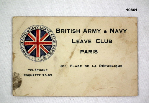 Business card from British Army and Navy Leave Club Paris.
