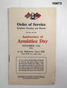 Programme, Order of Service Armistice dat 1921, Staley collection.