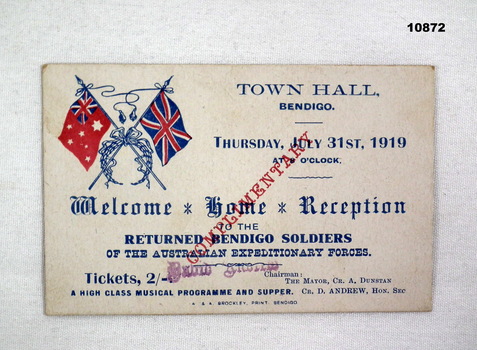 Card Welcome Bendigo Soldiers, staley collection.