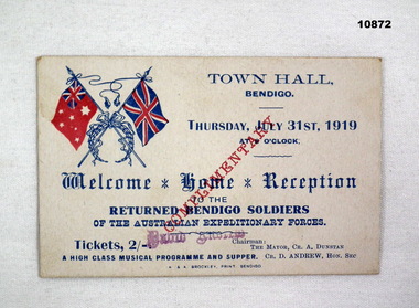 Card Welcome Bendigo Soldiers, staley collection.