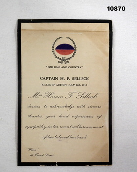 Funeral thankyou card Selleck, Staley collection.