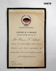 Funeral thankyou card Selleck, Staley collection.