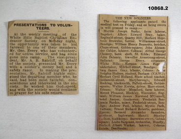 two newspaper articles relating to enlistment, Staley collection.