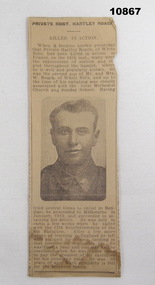 Newspaper article re the death of a soldier, Staley collection.