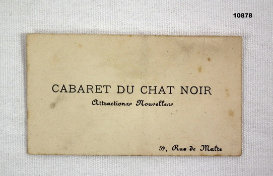 Business card from Cabaret Du Chat Noir, Paris, WWI.