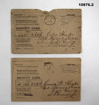 Two  Identity cards re Hicks, Staley collection.