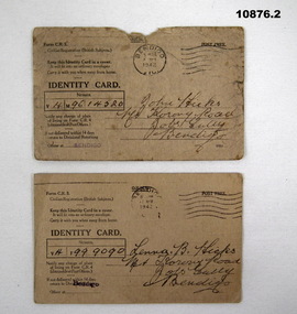 Two  Identity cards re Hicks, Staley collection.