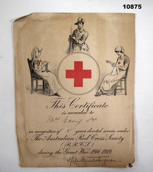 Red Cross certificate Mrs Every, Staley collection.