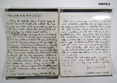 Photographic copy of a two page handwritten letter.