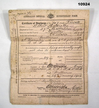 Discharge Certificate of Albert Boldiston Cat. 782.