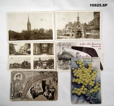 Six postcards, three from Aust and three from UK.