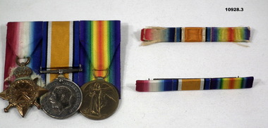 WW1 Medal trio and two ribbon bars.