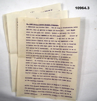 Three page account of R.R. O'Donahoo's WW1 experience.