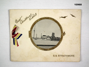 Folding christmas card with ship image.