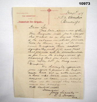 Handwritten letter to R.R. O'Donahoo from Numurkah Fire Brigade.