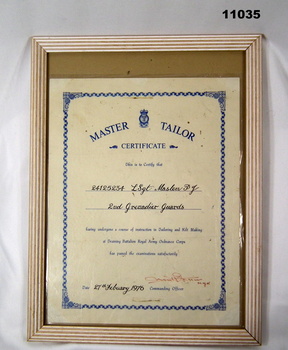 Framed Certificate for Grenadier Guards, England.