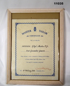 Framed Certificate for Grenadier Guards, England.