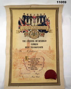 Certificate - THE CITIZENS OF BENDIGO, 1939-45