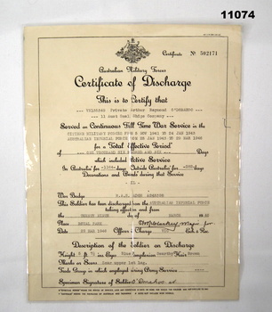 WW2 Certificate of Discharge - O'Donahoo.