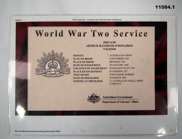 Certificate - WORLD WAR TWO SERVICE, ARMY, DVA et al, 20 Feb 2014
