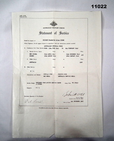 Administrative record - STATEMENT OF SERVICE, Australian Army, c.1965
