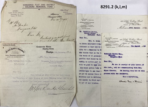 Correspondance re Kangaroo Flat Soldiers memorial.