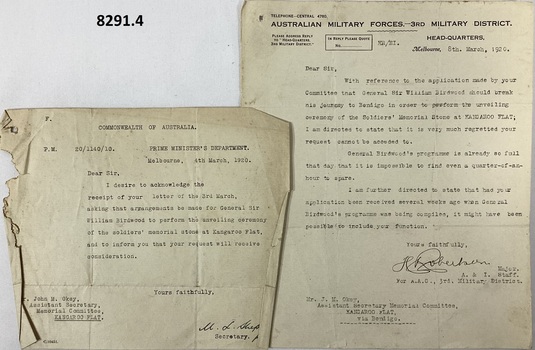 Correspondance re Kangaroo Flat Soldiers memorial.