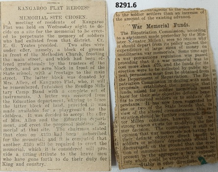 Newspaper articles re Kangaroo Flat Memorial.