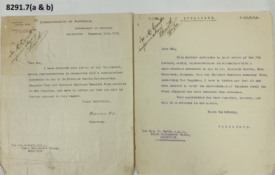 Correspondance re Kangaroo Flat Soldiers Memorial.