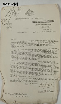 Correspondance re Kangaroo Flat Soldiers memorial.