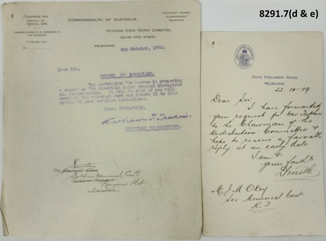 Correspondance re Kangaroo Flat War memoral.